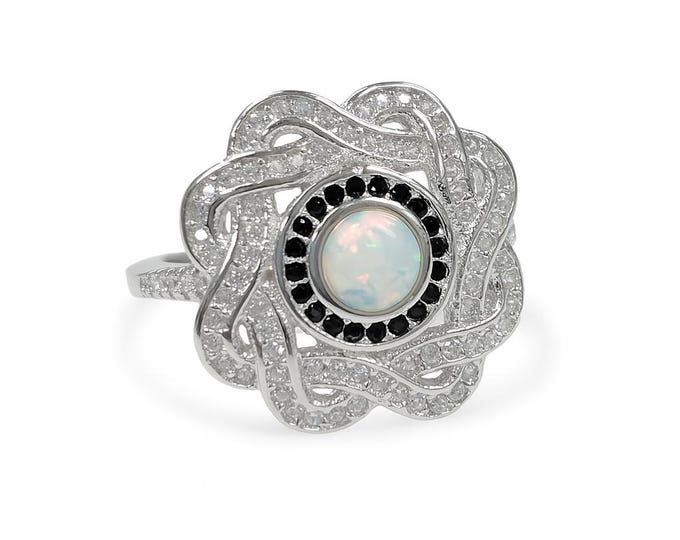 Gilson Opal and CZ Diamond Ring 925 Sterling Silver