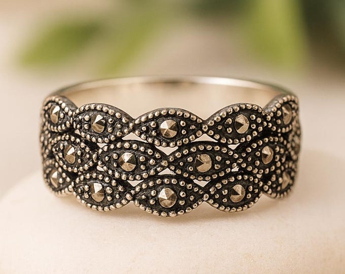 Vintage Style Sterling Silver Ring with Marcasite Accents Art Deco Statement Jewelry