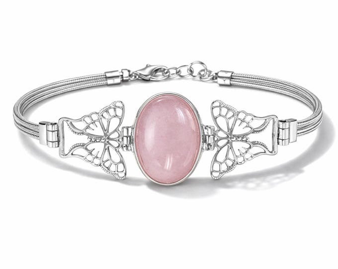 Rose Quartz Butterfly Bracelet – 925 Sterling Silver Filigree Bracelet – Vintage Inspired Pink Gemstone Jewelry
