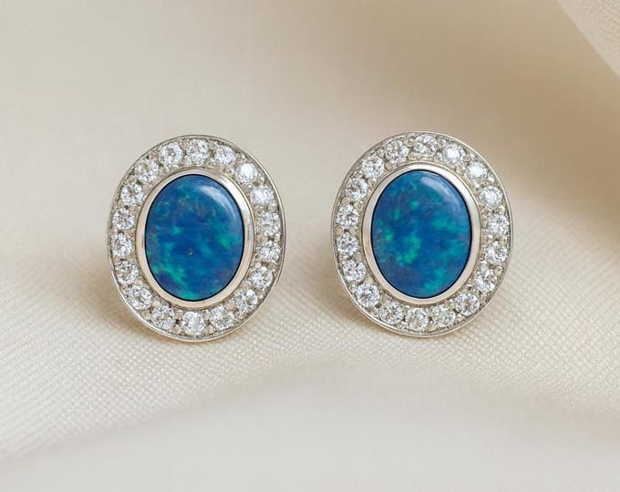 Gilson Opal and CZ Oval Stud 925 Sterling Silver Earrings