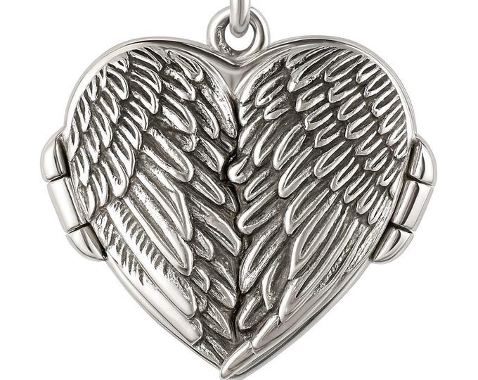 Sterling Silver 925 Angel Wings Flying Heart Locket Pendant Necklace