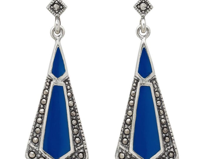 Art Deco Inspired Lapis Lazuli and Marcasite 925 Sterling Silver Earrings