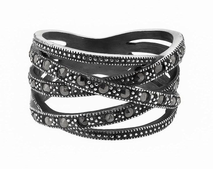 Vintage Style 925 Sterling Silver Ring with Marcasite Accents Art Deco Statement Jewelry