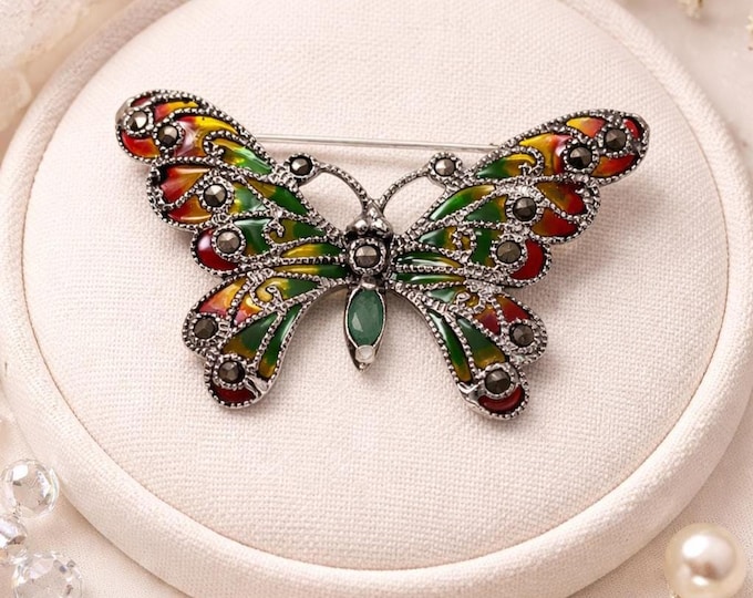 Plique-à-Jour Enamel 925 Sterling Silver Emerald and Marcasite Butterfly Brooch