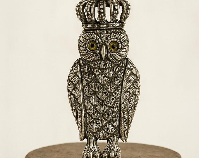 Victorian Style Royal Owl Bird and Crown with Glass Eyes Pin Brooch 925 Sterling Silver