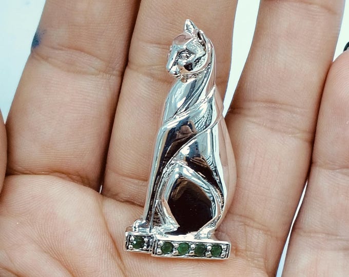 Art Deco Inspired Cat Brooch with Emerald Gemstones 925 Sterling Silver