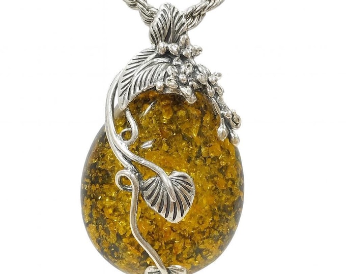 Art Nouveau Inspired Green and Honey Amber Floral Leaf Pendant 925 Sterling Silver