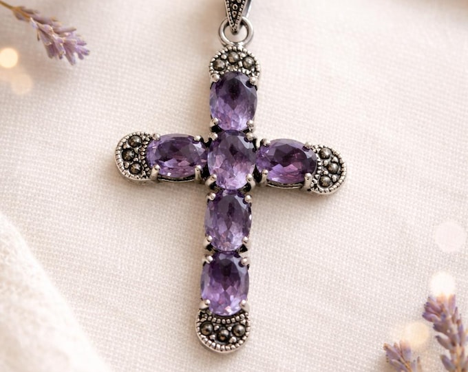 Victorian Style 925 Sterling Silver Amethyst and Marcasite Cross Pendant Antique Inspired Gemstone Necklace