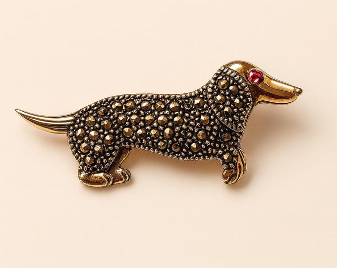 Antique Inspired Marcasite Dachshund Dog Brooch Ruby Eye Collectable 925 Sterling Silver Dog Lover Gift
