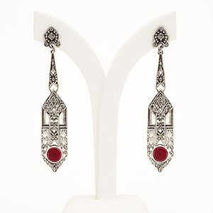 Art Deco Inspired Ruby, Emerald, Gilson Opal and Marcasite 925 Sterling Silver Earrings