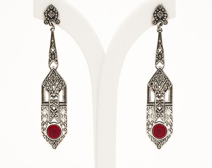Art Deco Inspired Ruby, Emerald, Gilson Opal and Marcasite 925 Sterling Silver Earrings