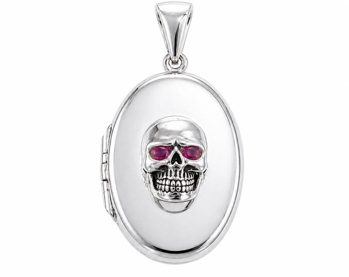 925 Silver Plate Ruby Skull Locket Pendant, Engraved Skull Necklace