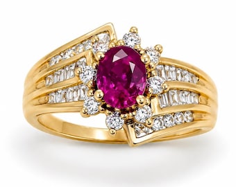 Vintage 18K Gold Ruby and Diamond Halo Ring