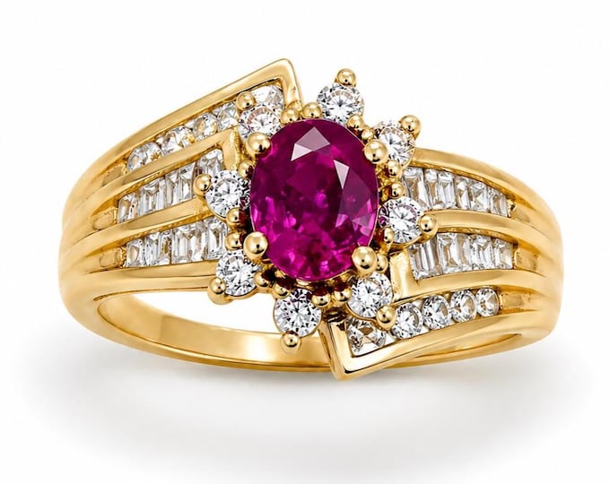 Vintage 18K Gold Ruby and Diamond Halo Ring