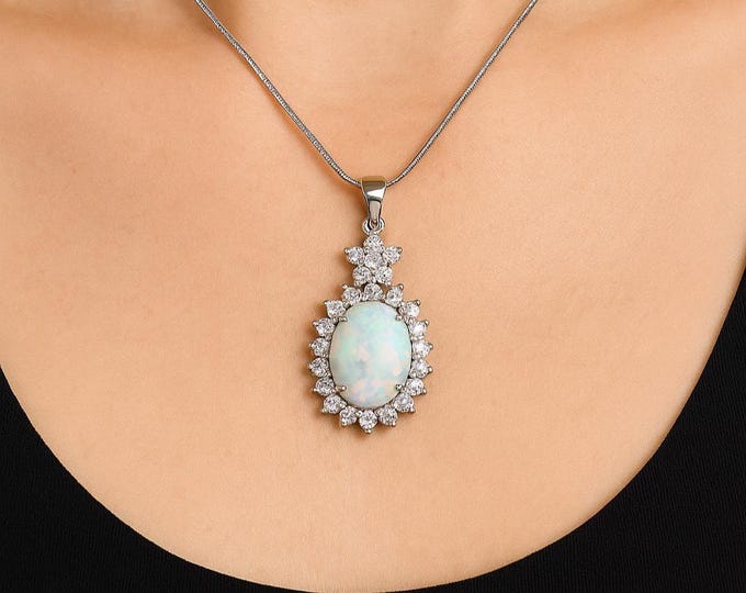 Vintage Style Opal Pendant 925 Sterling Silver Drop Pendant with Sparkling Accents, Art Deco Inspired Jewelry Gift for Her
