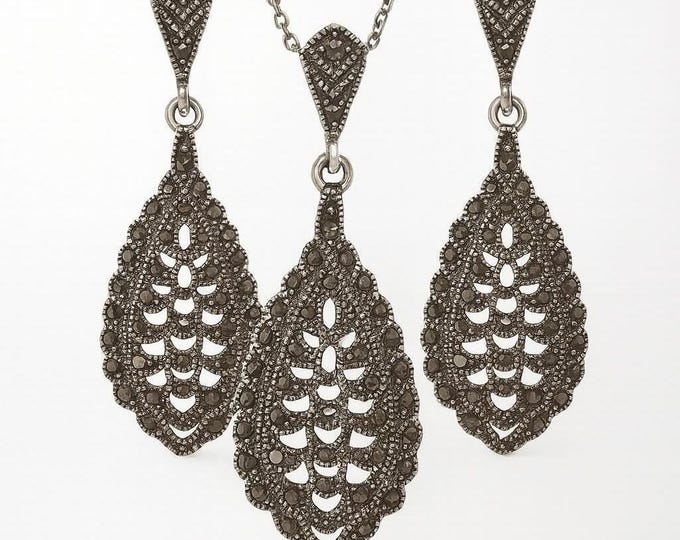 Vintage Sterling Silver Marcasite Pendant and Earrings Set Art Deco Dangle Jewelry, Antique Style Statement Jewellery