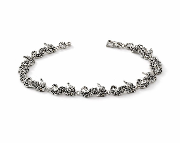 Antique Inspired Marcasite Seahorse Bracelet 925 Sterling Silver
