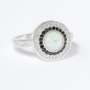 White Gilson Opal and CZ Round Diamond Ring 925 Sterling Silver