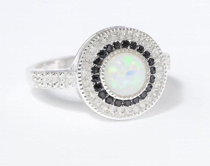 White Gilson Opal and CZ Round Diamond Ring 925 Sterling Silver