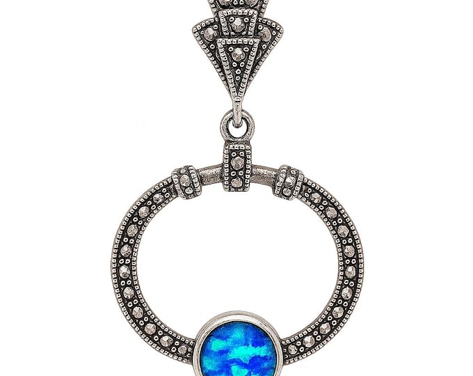 Art Deco Sterling Silver Marcasite Pendant Necklace with White and Blue Gilson Opal Vintage Style 925 Silver Jewelry Gift