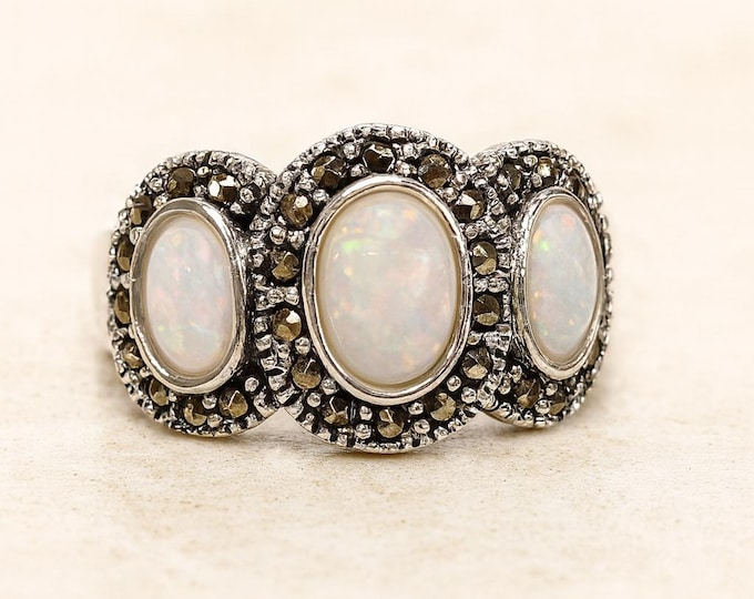 Art Deco Inspired White Three Stone Gilson Opal Marcasite Ring 925 Sterling Silver