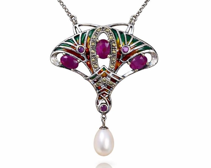 Art Nouveau Ruby and Pearl Pendant Necklace 925 Sterling Silver Enamel Marcasite Vintage Style Necklace