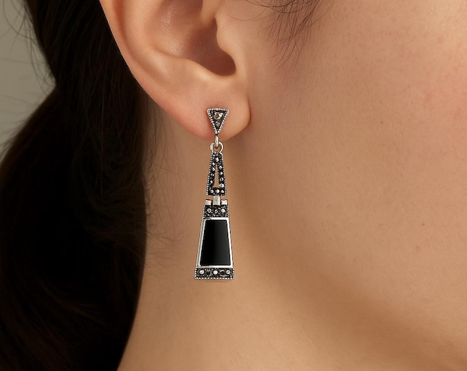 Art Deco Inspired Onyx and Marcasite Drop Earrings 925 Sterling Silver Vintage Style Dangle Jewelry