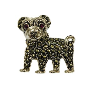 Antique Inspired Marcasite Dog Brooch Ruby Eye 925 Sterling Silver