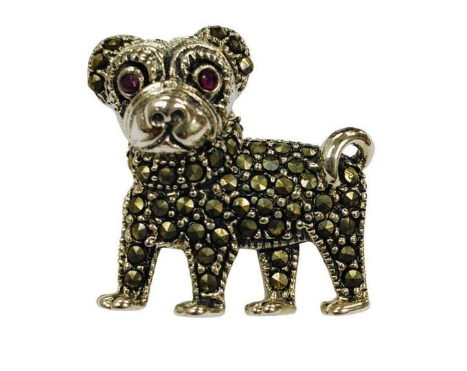 Antique Inspired Marcasite Dog Brooch Ruby Eye 925 Sterling Silver