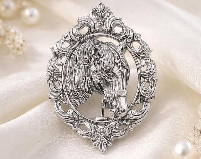 925 Sterling Silver Horse Brooch Pin, Vintage Equestrian Jewelry, Ornate Horse Head, Unique Gift for Horse Lovers
