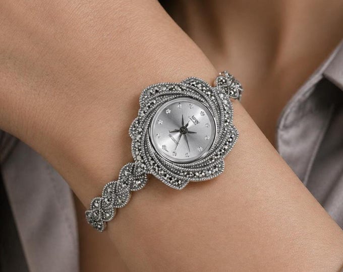 Vintage Marcasite Sterling Silver Bracelet Watch, Elegant Women’s Dress Watch