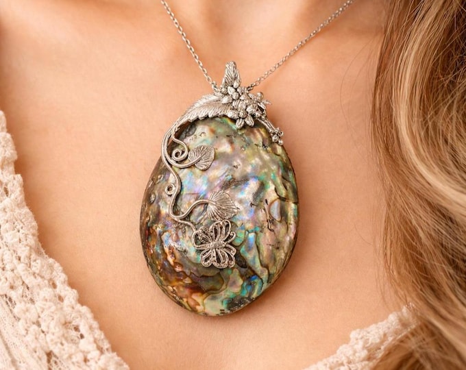 Art Nouveau Inspired Abalone Floral Butterfly Pendant 925 Sterling Silver