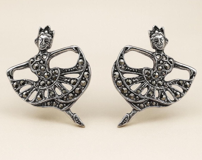 Vintage Marcasite Ballerina Stud Earrings 925 Sterling Silver Ballet Dancer Earrings Art Deco Style Studs Elegant Gift for Her