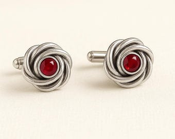 Sterling Silver Rose Knot Cufflinks with Ruby Gemstone
