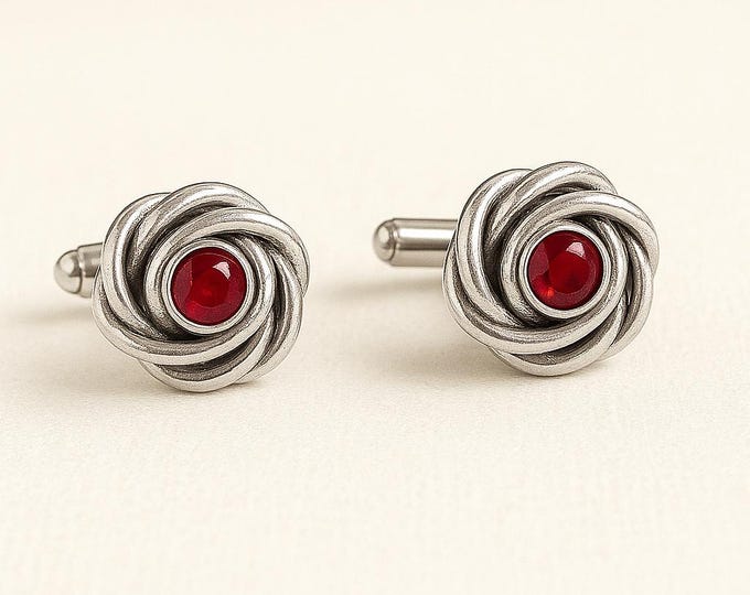 Sterling Silver Rose Knot Cufflinks with Ruby Gemstone