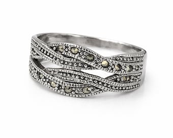 Vintage Style Sterling Silver Ring with Marcasite Accents Art Deco Statement Jewelry