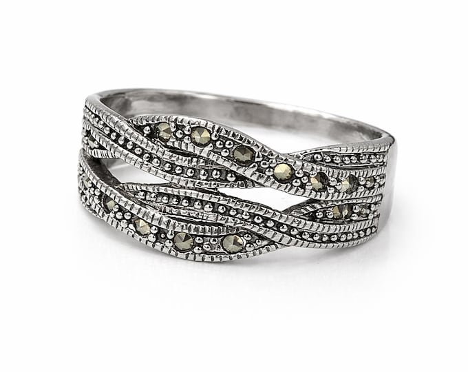Vintage Style Sterling Silver Ring with Marcasite Accents Art Deco Statement Jewelry