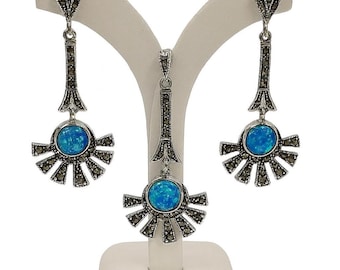 Art Deco Inspired Gilson Opal and Marcasite 925 Sterling Silver Earrings and Pendant Set
