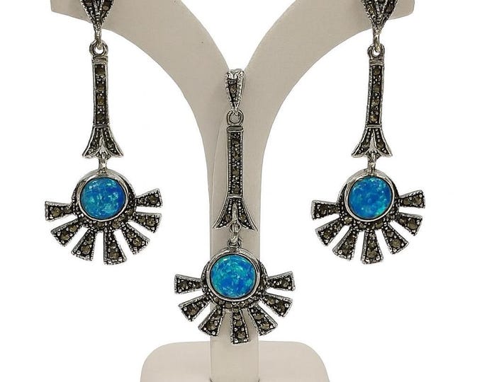 Art Deco Inspired Gilson Opal and Marcasite 925 Sterling Silver Earrings and Pendant Set