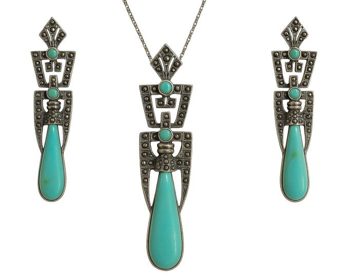 Art Deco Turquoise Sterling Silver Earrings Pendant Set