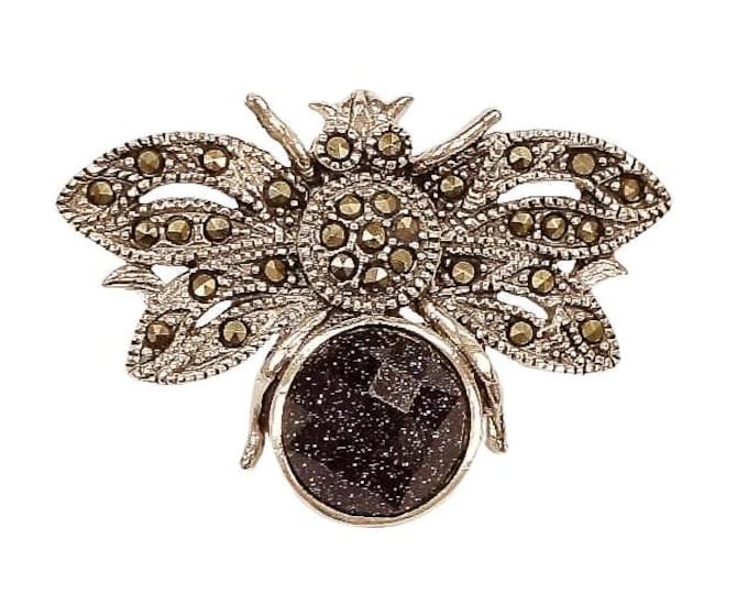 Art Deco Style Marcasite, Lapis, Turquoise, Jade and Onyx Insect Pendant 925 Sterling Silver