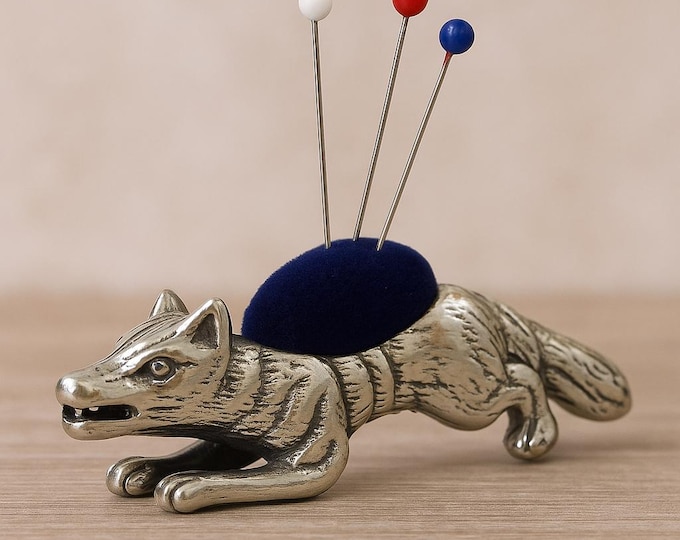 Antique Style Sterling Silver Fox Pin Cushion with Blue Velvet Cushion Collectible Sewing Accessory, Vintage Inspired Gift