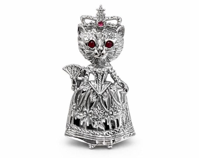 Sterling Silver Cat Queen Pendant with Ruby Eyes