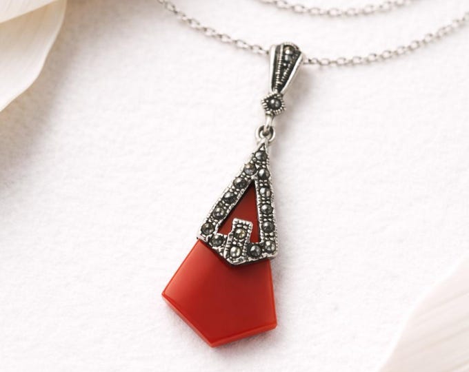 Art Deco Inspired Lapis Lazuli, Onyx, Coral and Marcasite Pendant 925 Sterling Silver