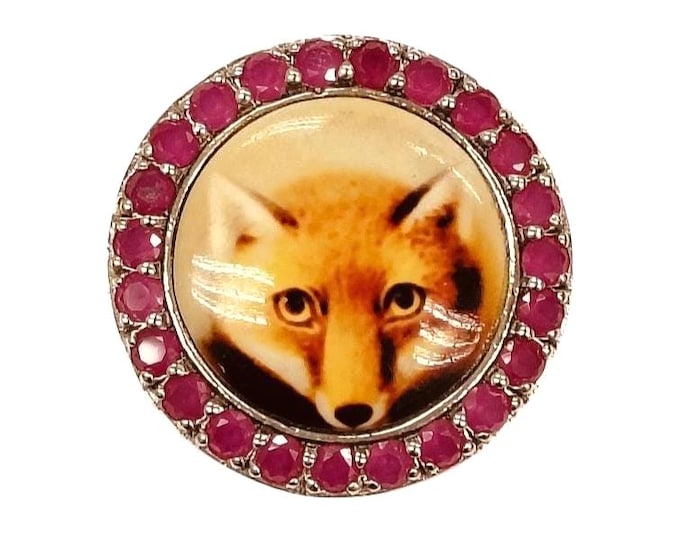 Antique Inspired Emerald / Ruby Encrusted Enamel Fox Pendant Brooch 925 Sterling Silver