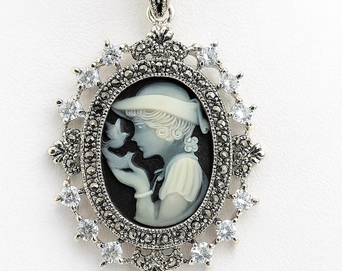 Vintage Style Silver Plated Cameo Pendant Necklace Oval Lady Profile with Marcasite and CZ Accents Victorian Inspired Statement Jewelry