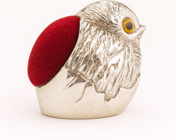 Antique Inspired Hatching Chick Pin Cushion Glass Eyes 925 Sterling Silver