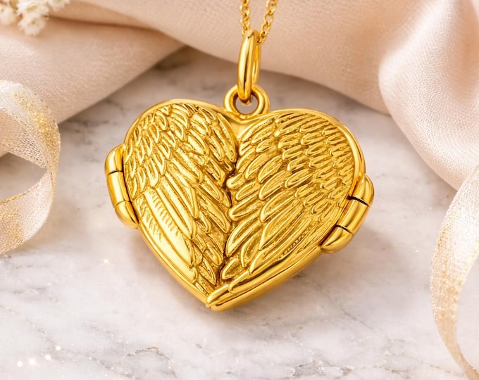 Gold Plated Sterling Silver 925 Angel Wings Flying Heart Locket Pendant Necklace