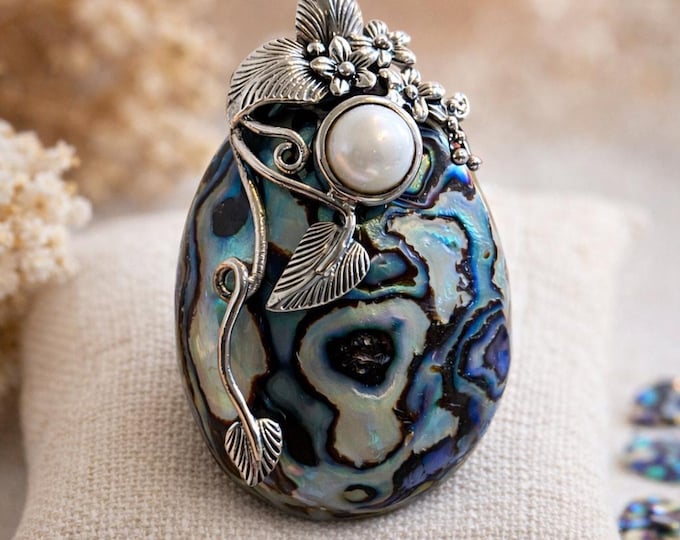 Art Nouveau Inspired Abalone Floral Leaf Freshwater Pearl Pendant 925 Sterling Silver