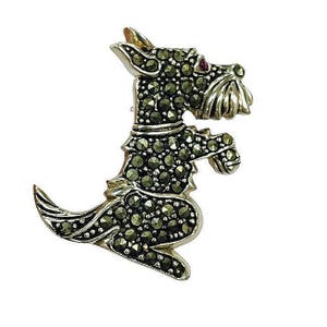 Antique Inspired Marcasite Scottie Dog Brooch Ruby Eye 925 Sterling Silver